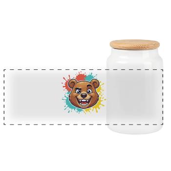Cheerful bear head with paint splashes - Panoramic Cookie Jar with Wooden Lid - white - Front