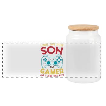 SON & GAMER – Crush Them Both | Gift Guys - Panoramic Cookie Jar with Wooden Lid - white - Front