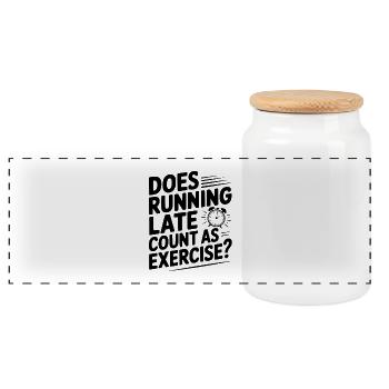 Does Running Late Count as Exercise? - Panoramic Cookie Jar with Wooden Lid - white - Front
