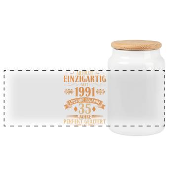 Einzigartig seit 1991 - 35. Geburtstag Vintage - Panorama Keksdose mit Holzdeckel - Weiß - Vorne
