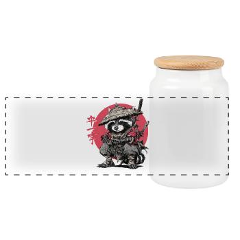Waschbär-Samurai im Roten Kreis - Panorama Keksdose mit Holzdeckel - Weiß - Vorne