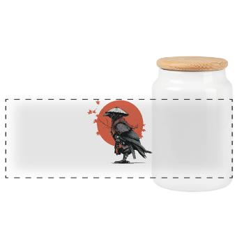 Samurai Crow in Red Moon - Panoramic Cookie Jar with Wooden Lid - white - Front