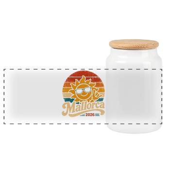 Mallorca 2026 Sonnenretro Strandmood - Panorama Keksdose mit Holzdeckel - Weiß - Vorne