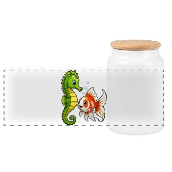 Underwater Friends Seahorse Goldfish - Panoramic Cookie Jar with Wooden Lid - white - Front