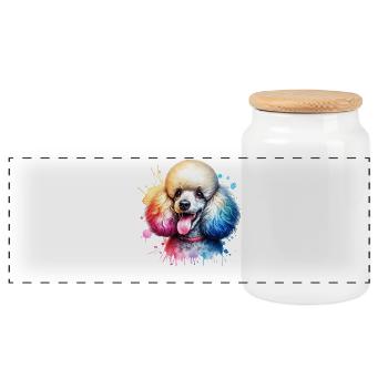 Poodle Motif - Panoramic Cookie Jar with Wooden Lid - white - Front