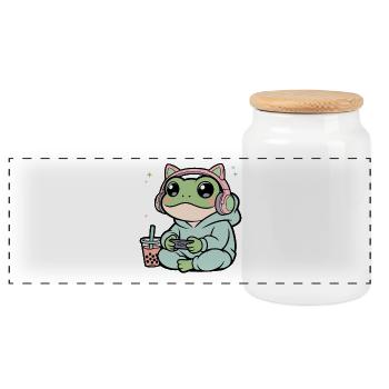 Gamer Frog in Hoodie with Headphones - Panoramic Cookie Jar with Wooden Lid - white - Front