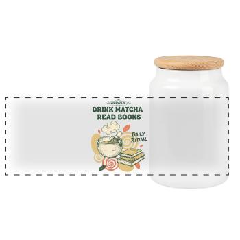 Drink Matcha Read Books Daily Ritual Kyoto Matcha - Panoramic Cookie Jar with Wooden Lid - white - Front