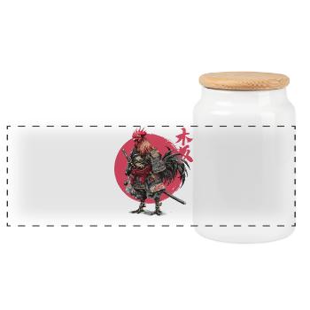 Rooster Samurai Armor Illustration - Panoramic Cookie Jar with Wooden Lid - white - Front