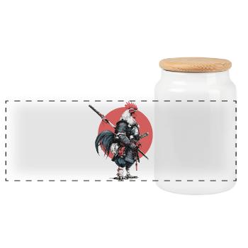 Rooster Samurai in Armor - Panoramic Cookie Jar with Wooden Lid - white - Front