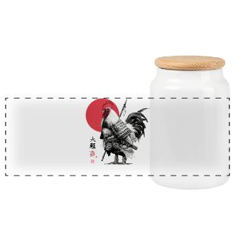 Samurai-Hahn in Rüstung unter roter Sonne - Panorama Keksdose mit Holzdeckel - Weiß - Vorne
