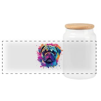 Vibrant Pug Splash Portrait - Panoramic Cookie Jar with Wooden Lid - white - Front