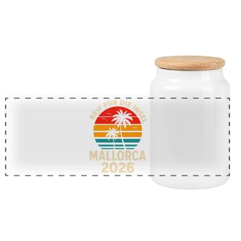 Mallorca 2026 Retro Sonnenuntergang - Panorama Keksdose mit Holzdeckel - Weiß - Vorne