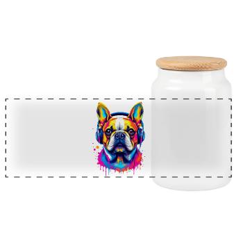 Französische Bulldogge Frenchie Kopfhörer - Panorama Keksdose mit Holzdeckel - Weiß - Vorne