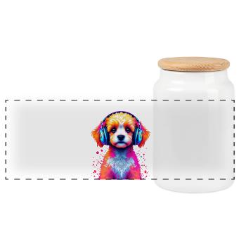 Poodle Headphones - Panoramic Cookie Jar with Wooden Lid - white - Front