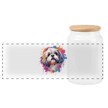 Colorful Splash Art Shih Tzu Dog - Panoramic Cookie Jar with Wooden Lid - white - Front