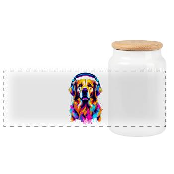 Golden Retriever mit Kopfhörer - Panorama Keksdose mit Holzdeckel - Weiß - Vorne