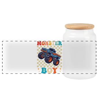 Monster Boy Truck Cartoon in Checkerboard - Panoramic Cookie Jar with Wooden Lid - white - Front