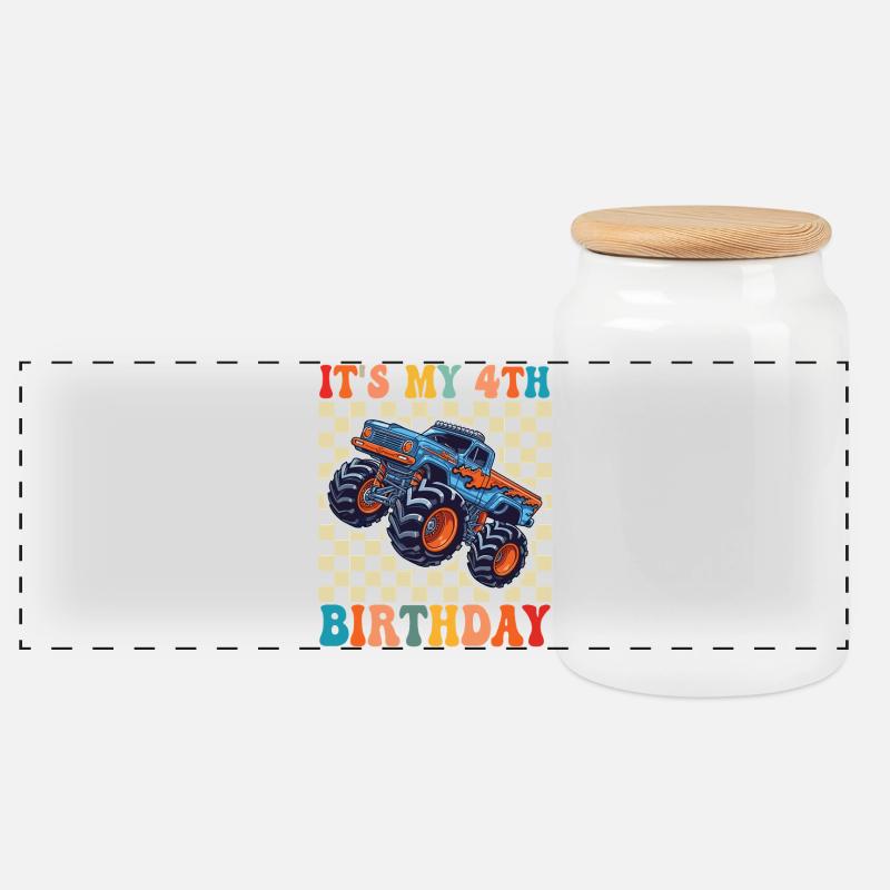 4ter Geburtstag Monstertruck - Panorama Keksdose mit Holzdeckel - Weiß
