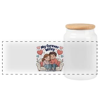 Forever Wifey Cozy Couple on Sofa - Panoramic Cookie Jar with Wooden Lid - white - Front