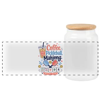 Coffee Pickleball Mahjong Game Mahj - Panoramic Cookie Jar with Wooden Lid - white - Front