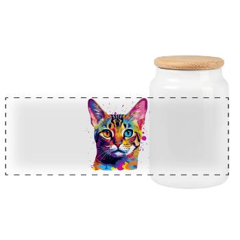 Art coloré sur le visage du chat Bengal - Boîte à biscuits avec couvercle en bois - blanc - Devant
