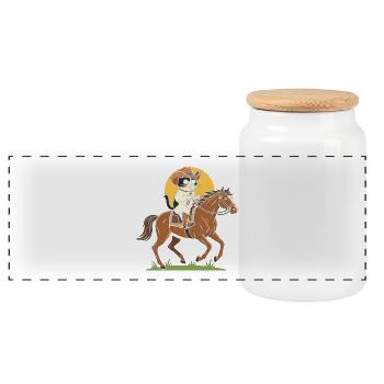 Katzen-Cowboy auf Pferd - Panorama Keksdose mit Holzdeckel - Weiß - Vorne