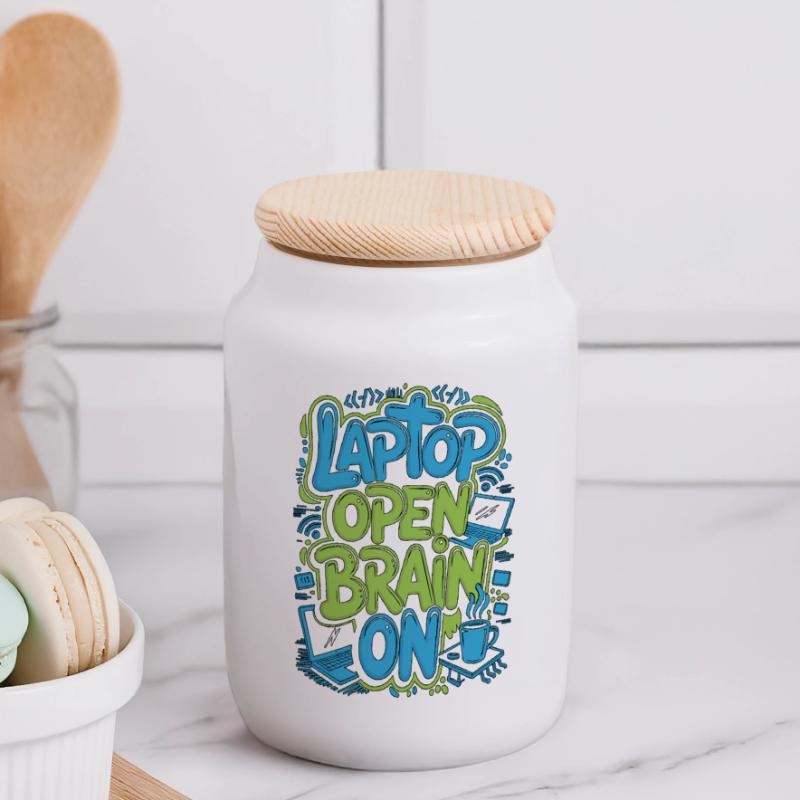 Remote Developer Laptop Open Brain On Remote Coder Panoramic Cookie Jar with Wooden Lid