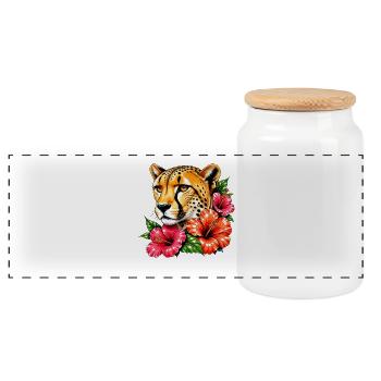 Leopard mit Hibiskus-Traum - Panorama Keksdose mit Holzdeckel - Weiß - Vorne