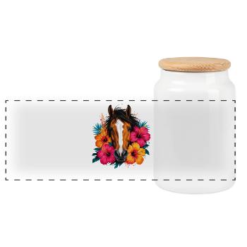 Pferd mit tropischen Blüten - Panorama Keksdose mit Holzdeckel - Weiß - Vorne