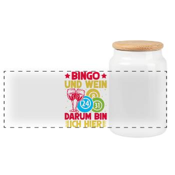 Bingo Game Bingo & Wein Darum Bin Ich Hier Bingo - Panorama Keksdose mit Holzdeckel - Weiß - Vorne