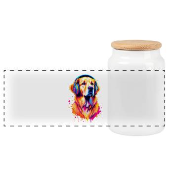 Golden Retriever mit Kopfhörer - Panorama Keksdose mit Holzdeckel - Weiß - Vorne