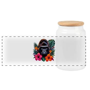 Gorilla Tropical Bloom - Panoramic Cookie Jar with Wooden Lid - white - Front