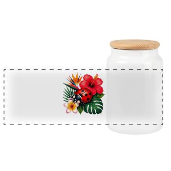 Tropical ladybug in hibiscus - Panoramic Cookie Jar with Wooden Lid - white - Front