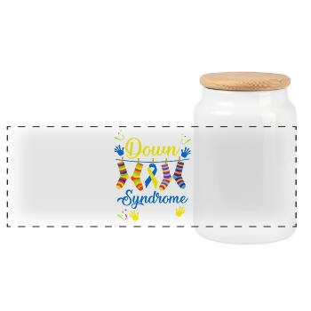 Conception mondiale des chaussettes pour la Journée mondiale de la trisomie 21 - Boîte à biscuits avec couvercle en bois - blanc - Devant