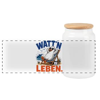 Möwe Watt'n Leben Nordsee Shirt - Panorama Keksdose mit Holzdeckel - Weiß - Vorne