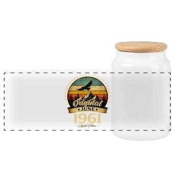 65. Geburtstag Geschenk Vintage Juni Jahrgang 1961 - Panorama Keksdose mit Holzdeckel - Weiß - Vorne