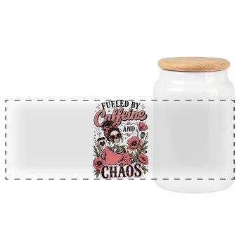 Fueled by Caffeine and Chaos Mom Floral - Panoramic Cookie Jar with Wooden Lid - white - Front