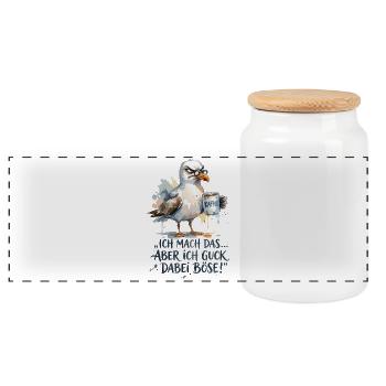Möwe mit Kaffee Ich mache das böse gucken - Panorama Keksdose mit Holzdeckel - Weiß - Vorne