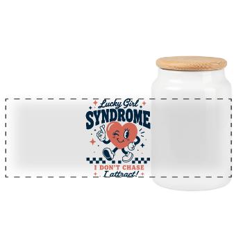 Lucky Girl Syndrome Attract Design - Panoramic Cookie Jar with Wooden Lid - white - Front