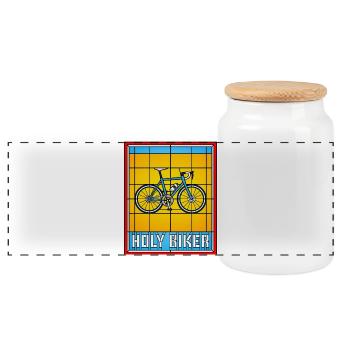 Holy Biker Stained Glass Bicycle - Panoramic Cookie Jar with Wooden Lid - white - Front