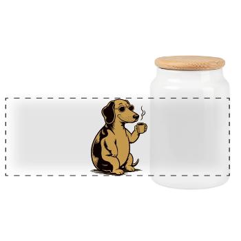 Dog with Coffee Mug - Gift for Dog Owner - Panoramic Cookie Jar with Wooden Lid - white - Front