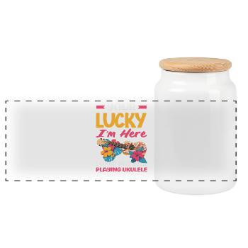Your Lucky Im Here Playing Ukulele Funny Saying - Panoramic Cookie Jar with Wooden Lid - white - Front