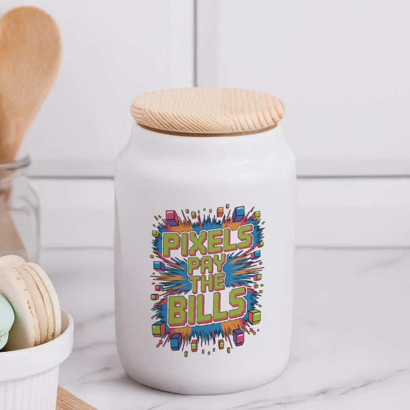 Game Developer Pixels Pay The Bills Web Developer Panoramic Cookie Jar with Wooden Lid