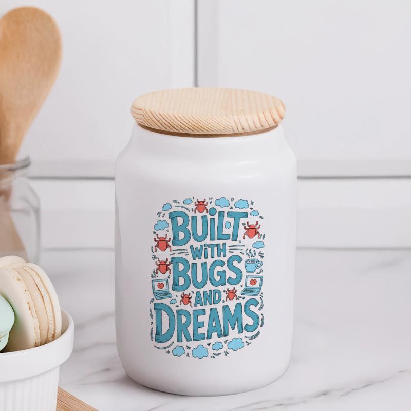 Game Developer Built With Bugs And Indie Developer Panorama Keksdose mit Holzdeckel