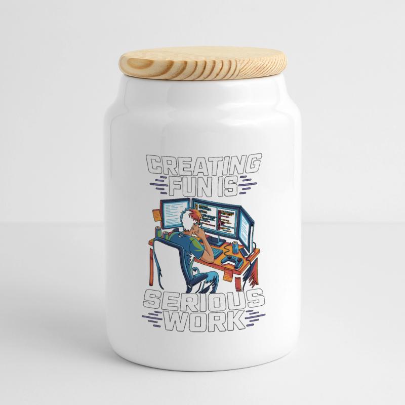 Game Developer Creating Fun Is Game Programmer Panorama Keksdose mit Holzdeckel