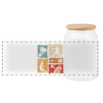 Badminton print with player, racket, shuttlecock - Panoramic Cookie Jar with Wooden Lid - white - Front