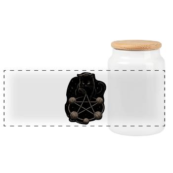 Night cat at the yarn pentagram - Panoramic Cookie Jar with Wooden Lid - white - Front