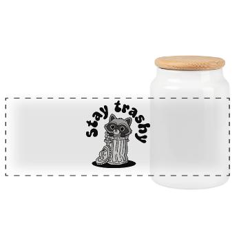 Stay Trashig, Cute Raccoon Garbage Panda - Panoramic Cookie Jar with Wooden Lid - white - Front