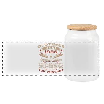40. Geburtstag Geschenk Mann Oldtimer Juni 1986 - Panorama Keksdose mit Holzdeckel - Weiß - Vorne