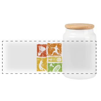 Badminton Moves with Player, Racket, Shuttlecock - Panoramic Cookie Jar with Wooden Lid - white - Front
